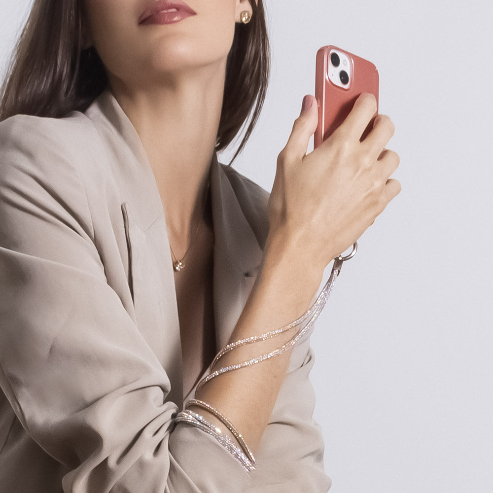 Cordão de Pescoço para Celular com Alça Fina Brilhante - Cinza