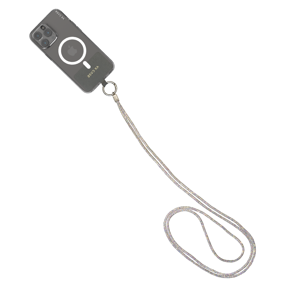 Cordão de Pescoço para Celular com Alça Fina Brilhante - Cinza