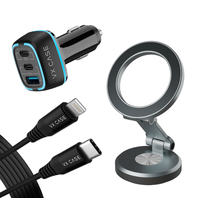 Kit Motorista Sempre Preparado : Carregador Turbo 115W + Cabo PD + Suporte Magsafe 360