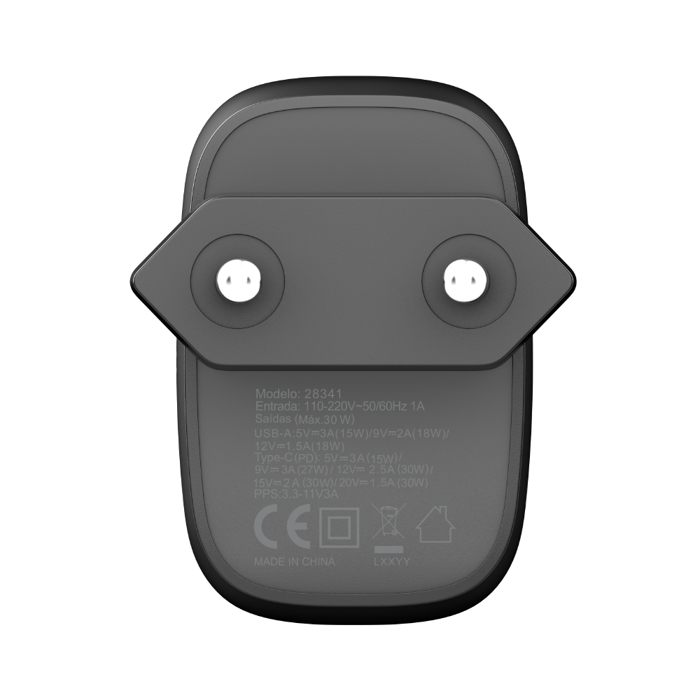 Carregador Turbo PD 30W com 2 portas USB e Type C - Mini Boost