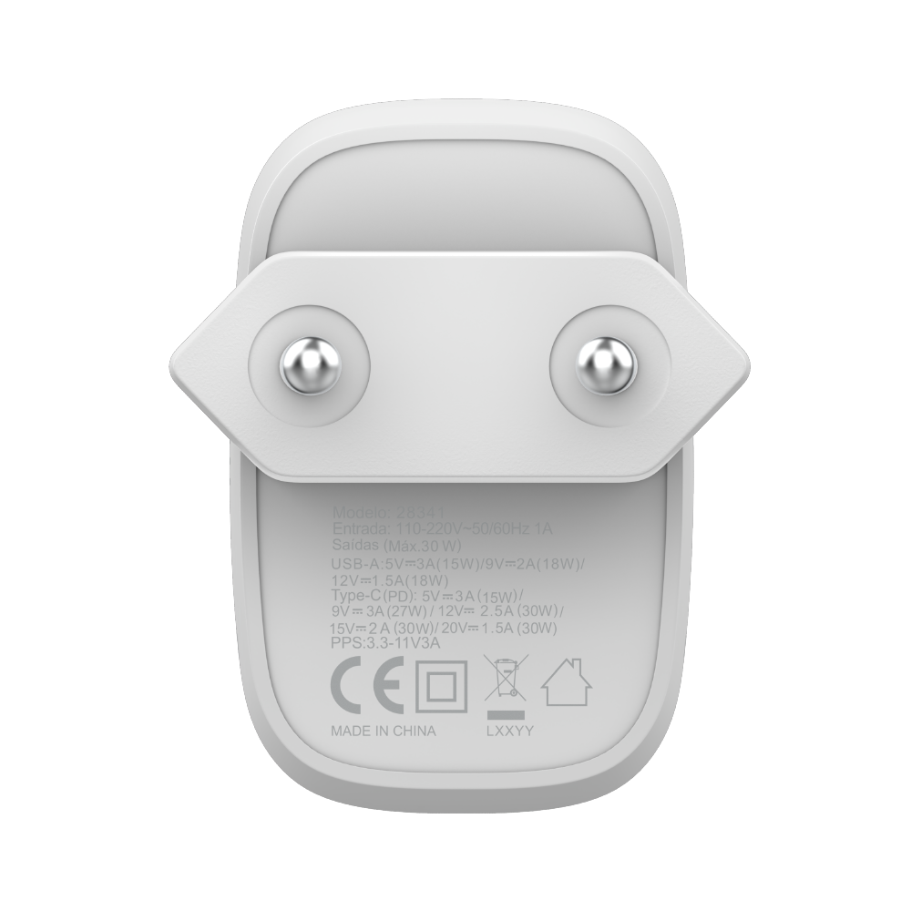 Carregador Turbo PD 30W com 2 portas USB e Type C - Mini Boost