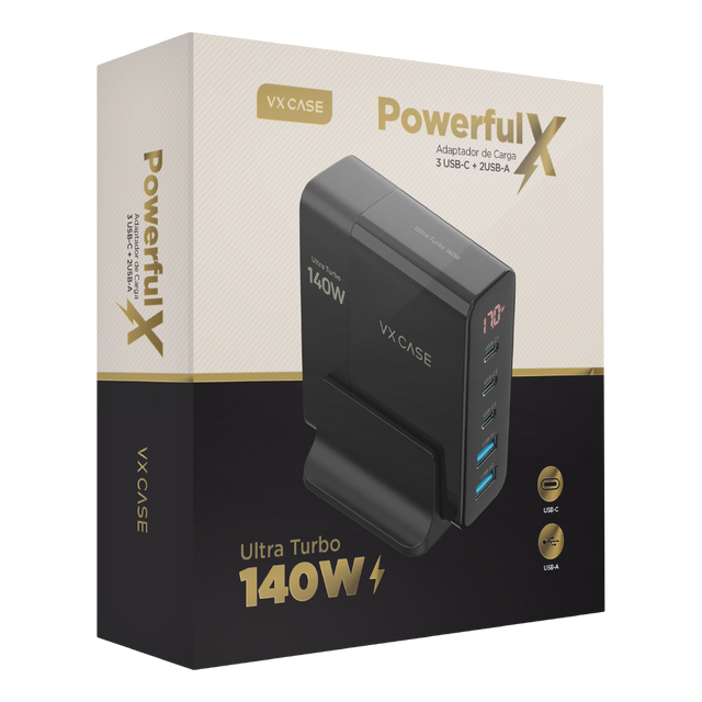 Carregador 5 em 1 Ultra Turbo 140W 3 USB-C e 2 USB-A Powerful VX Case