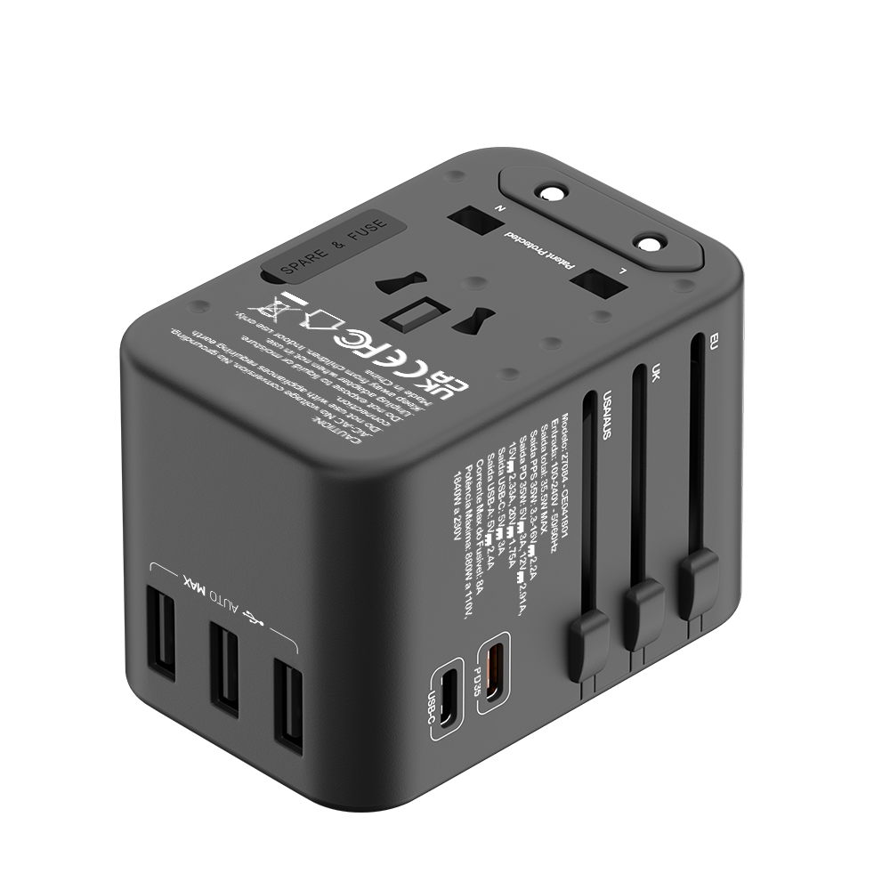 Adaptador Universal de tomadas 3 USB e 2 Type-C