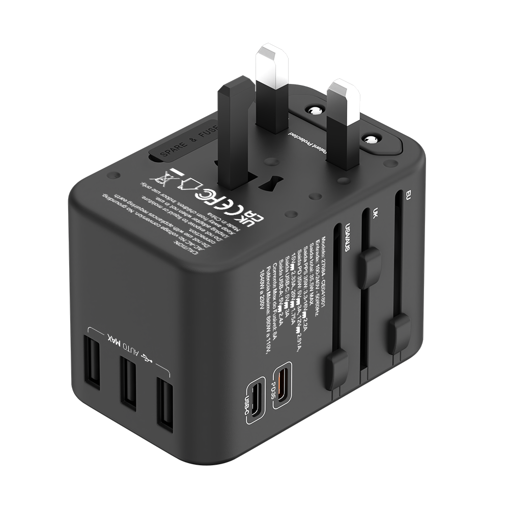 Adaptador Universal de tomadas 3 USB e 2 Type-C