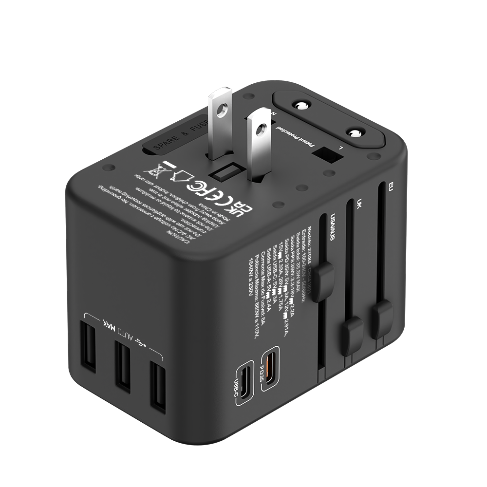 Adaptador Universal de tomadas 3 USB e 2 Type-C
