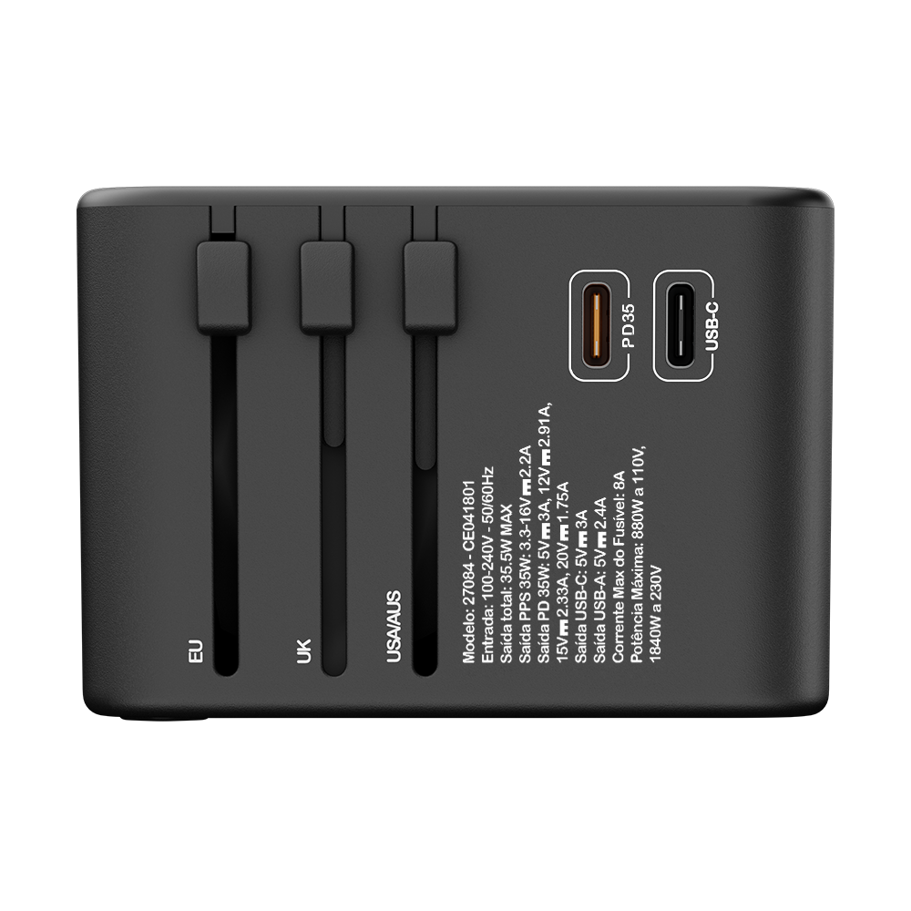 Adaptador Universal de tomadas 3 USB e 2 Type-C