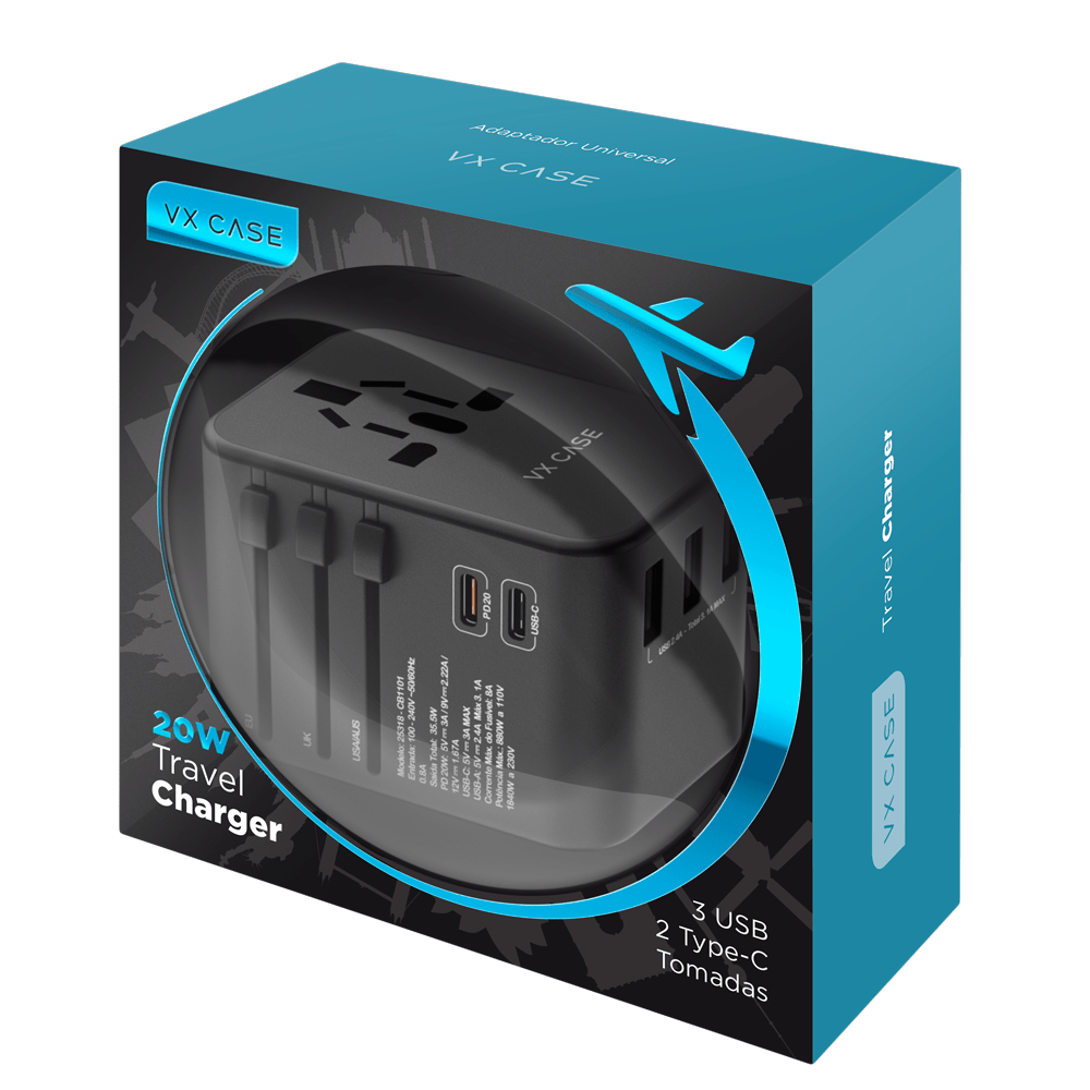 Adaptador Universal de tomadas 3 USB e 2 Type-C