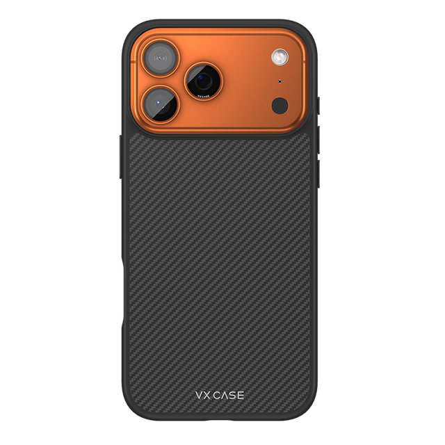 Capinha de Celular Kevlar preta com aro laranja e MagSafe VX Case para iPhone 17 Pro Max