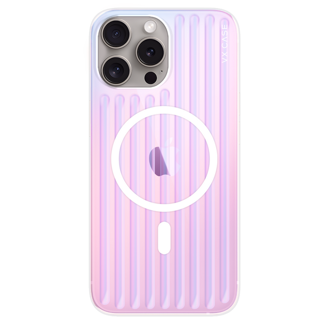iPhone 15 Pro Max com capa VX Case Glam compatível com MagSafe, acabamento rainbow com efeito colorido.
