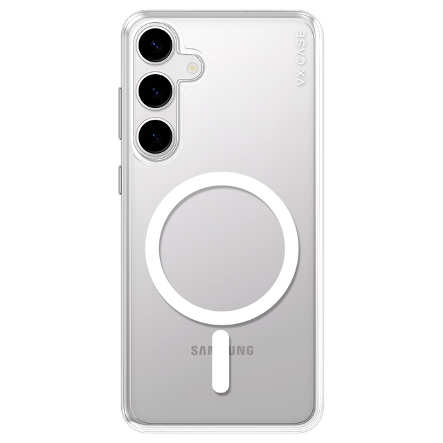 Samsung Galaxy S24 Plus com capa VX Case compatível com MagSafe, design transparente com proteção traseira