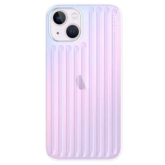 iPhone 15 com capa VX Case texturizada, proteção traseira com linhas verticais em degradê lilás e rosa.