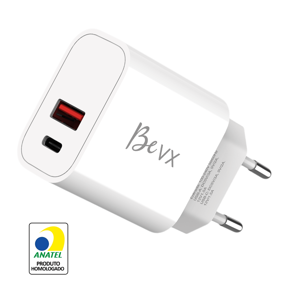 Carregador de parede com 1 porta USB + 1 Type-C - BeVX - Branco - VX Case
