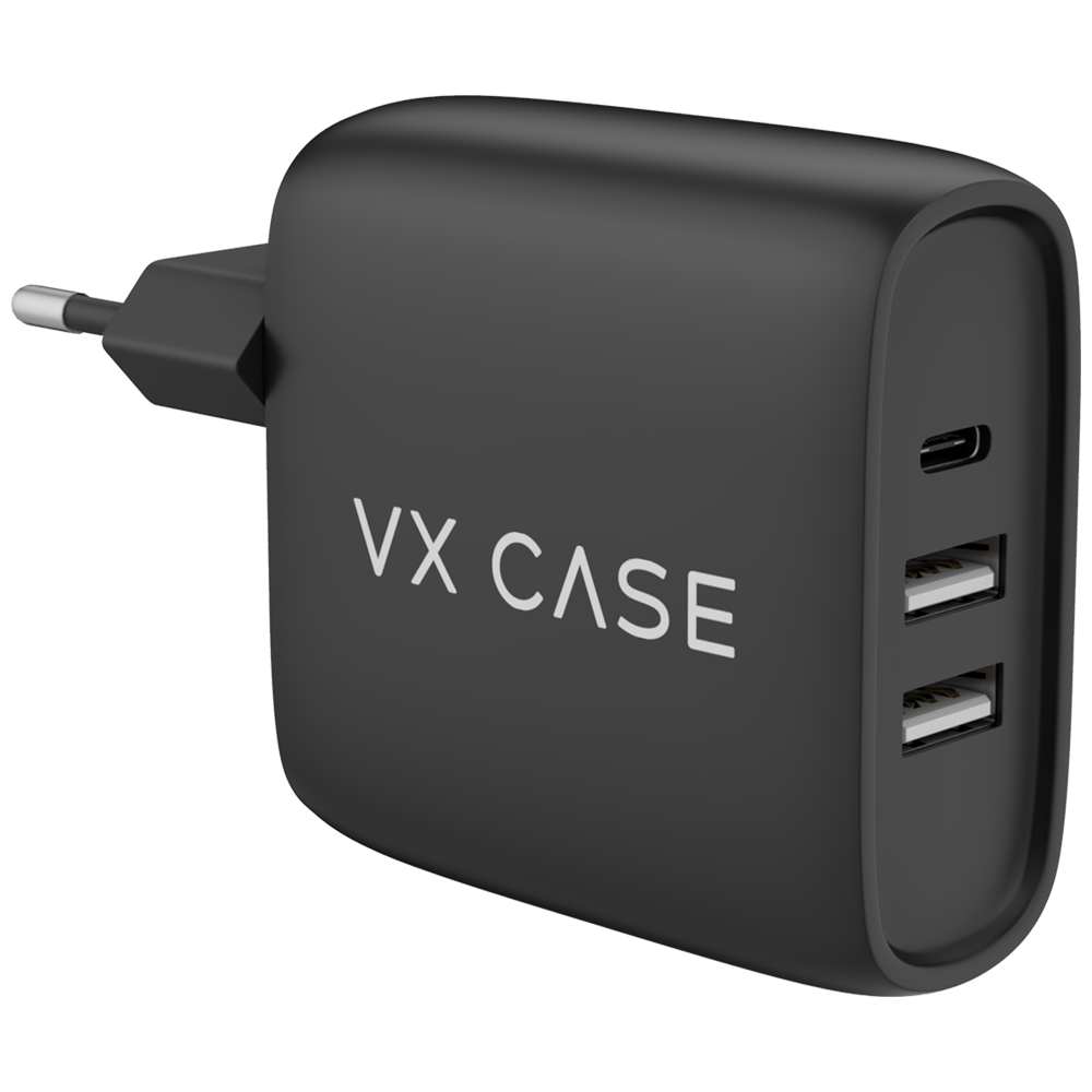 Carregador de Parede com 2 portas USB + 1 Type-C PD 30W Turbo Preto Fosco - VX Case