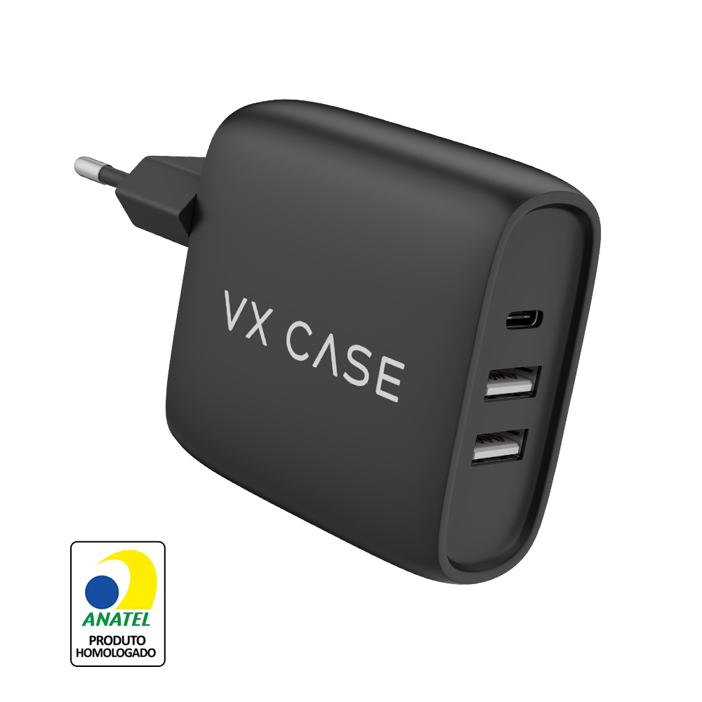 Carregador de Parede com 2 portas USB + 1 Type-C PD 30W Turbo Preto Fosco - VX Case