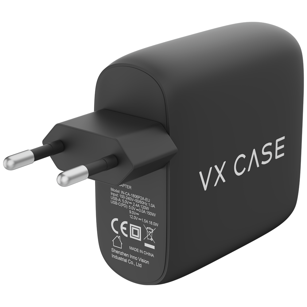 Carregador de Parede com 2 portas USB + 1 Type-C PD 30W Turbo Preto Fosco - VX Case