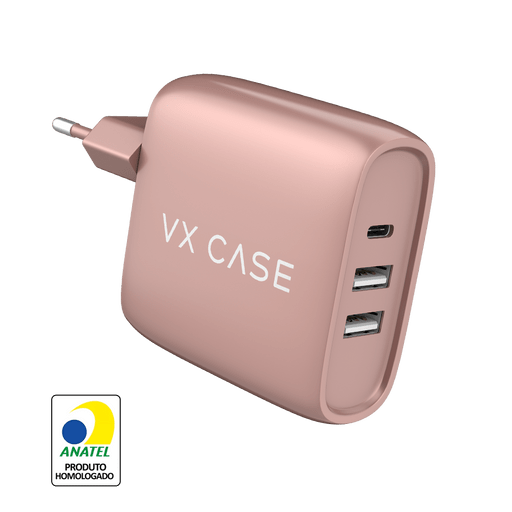 Carregador de Parede com 2 portas USB + 1 Type-C PD 30W Turbo Rose - VX Case