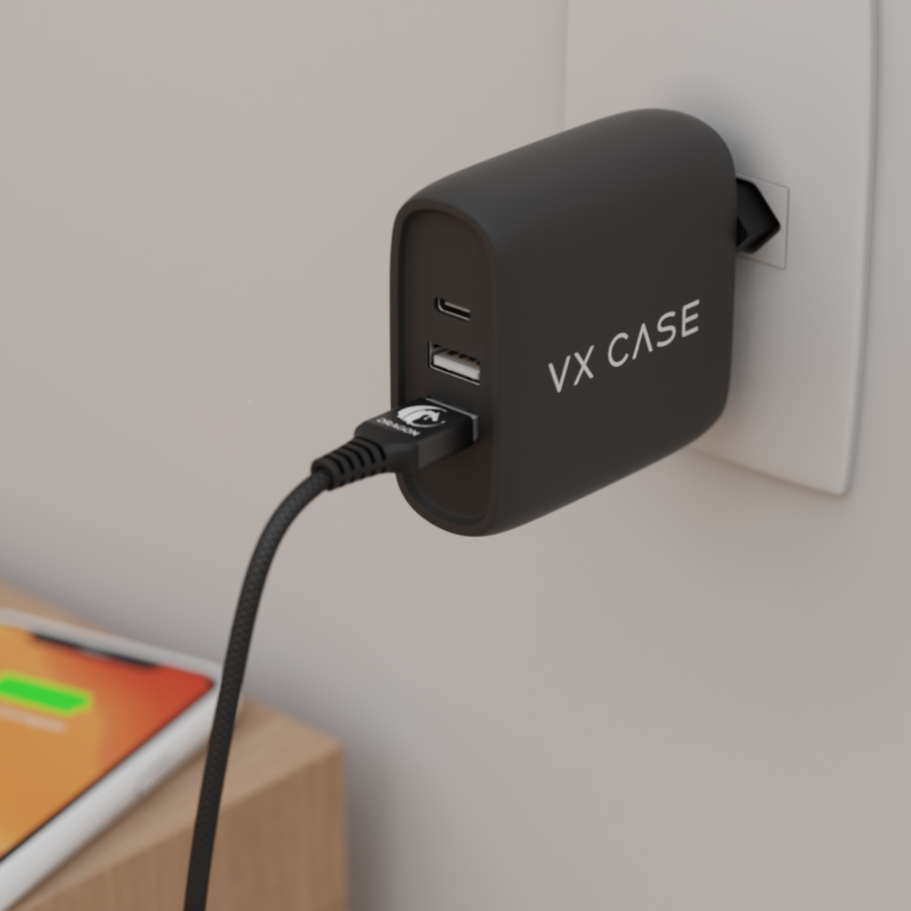 Carregador de Parede com 2 portas USB + 1 Type-C PD 30W Turbo Preto Fosco - VX Case