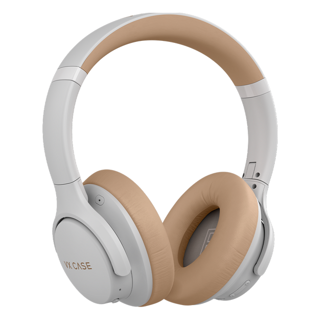 Headphone VX Case sem fio, almofadas confortáveis e design over-ear, na cor bege e cinza.