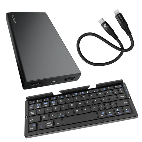 Kit Produtividade em Movimento: Teclado Bluetooth + Cabo Mini + Bateria Portátil