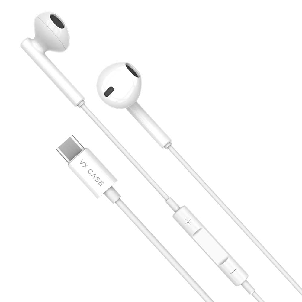 Fone de ouvido VX Case com conector USB-C, design intra-auricular.