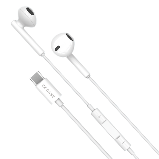 Fone de ouvido VX Case com conector USB-C, design intra-auricular.