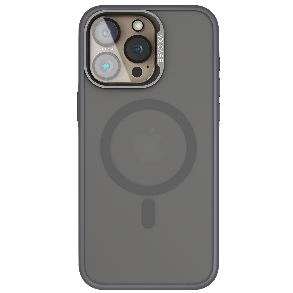 iPhone 15 Pro com capa VX Case titanium compatível com MagSafe, design fosco com estampa graffiti.
