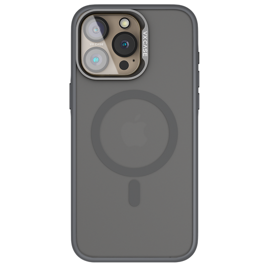 iPhone 15 Pro com capa VX Case titanium compatível com MagSafe, design fosco com estampa graffiti.