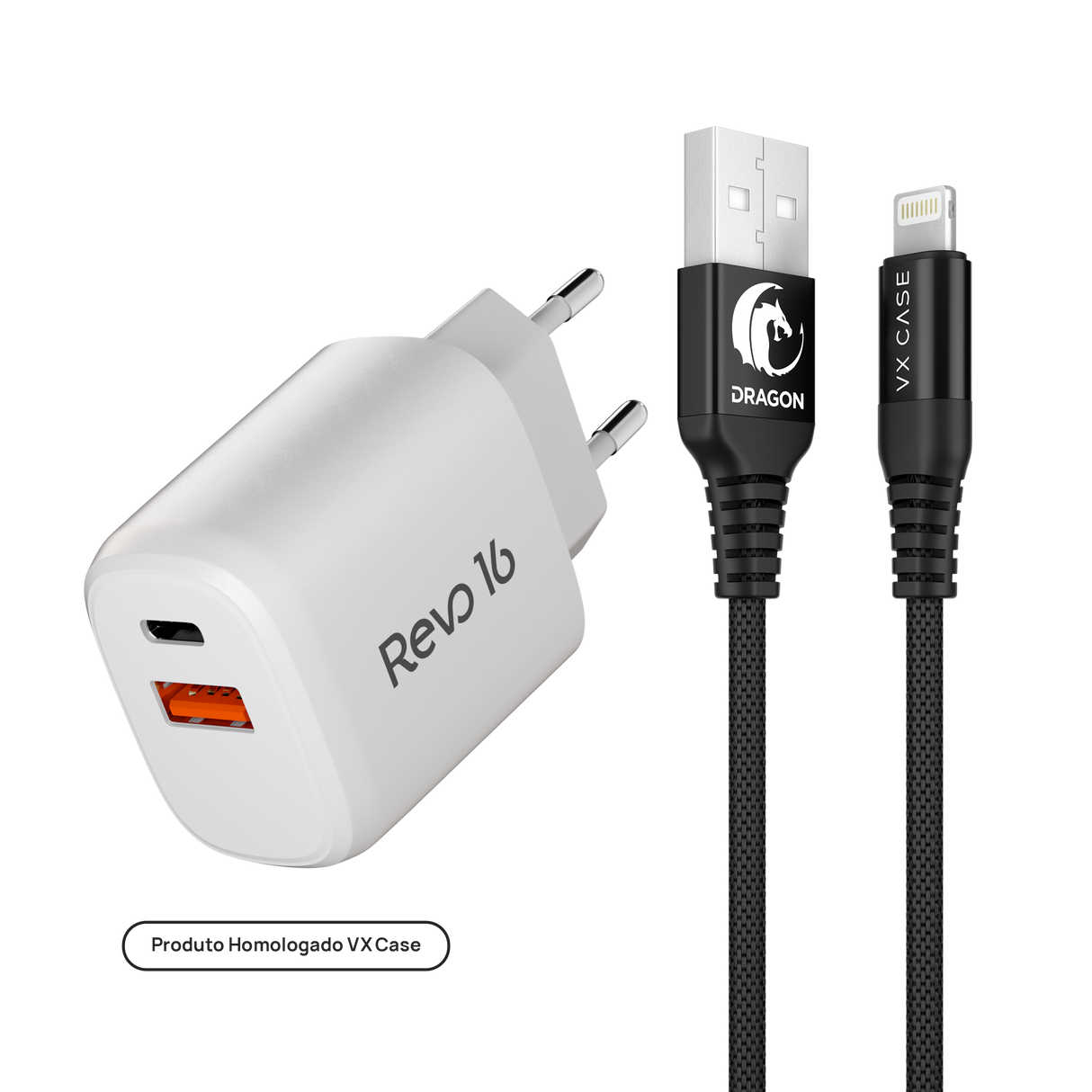 Combo Arrasador Dragon - Carregador Turbo 20W + Cabo Lightning ou Tipo-C