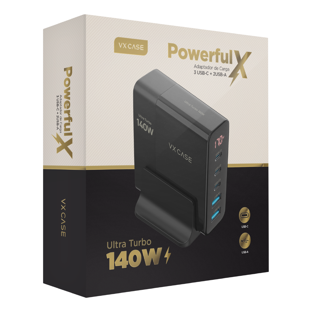 Carregador 5 em 1 Ultra Turbo 140W  3 USB-C e 2 USB-A Powerful VX Case