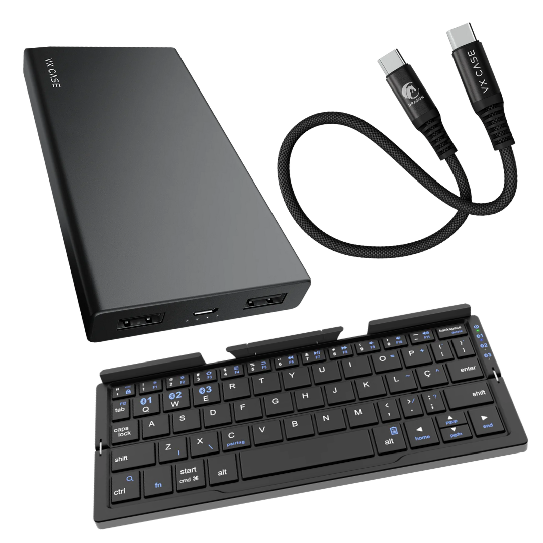 Kit Produtividade em Movimento: Teclado Bluetooth + Cabo Mini + Bateria Portátil
