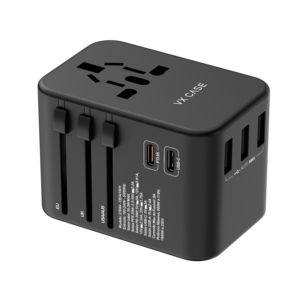 Adaptador universal de tomadas turbo 3 USB e 2 USB-C 35,5W preto VX Case