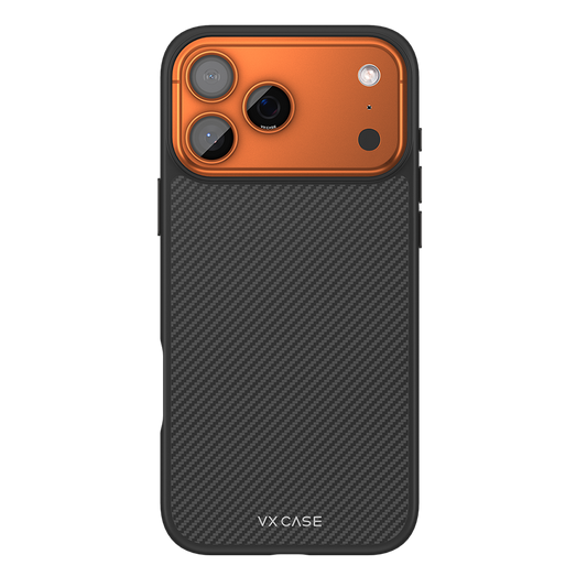 Capinha de Celular Kevlar preta com aro laranja e MagSafe VX Case para iPhone 17 Pro Max