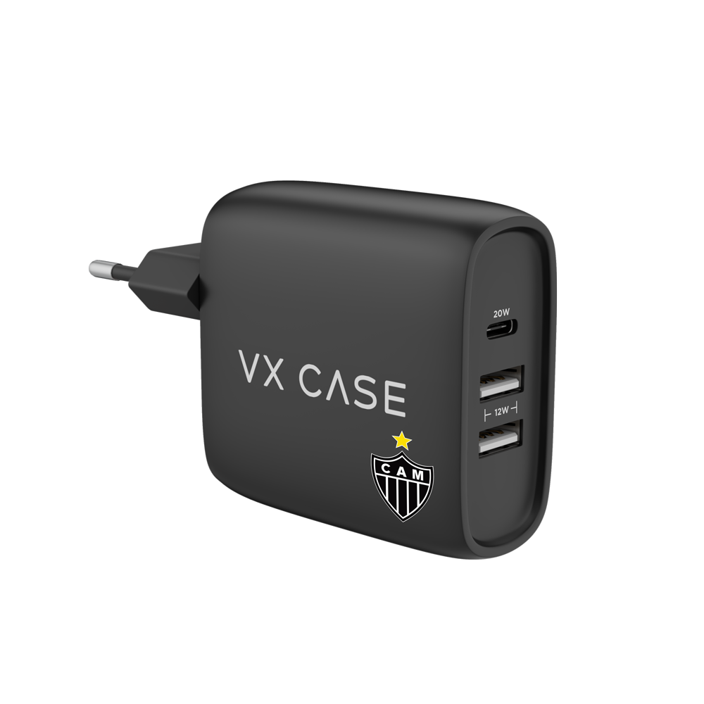 Carregador Turbo 32W com 2 USB e 1 Tipo-C Preto Fosco - Atlético Mineiro