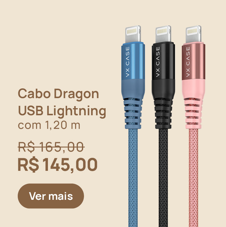 Cabo Dragon USB Lightning. Revestido em nylon de alta resistência e conectores reforçados. Possui 1,20 m de comprimento - VX Case