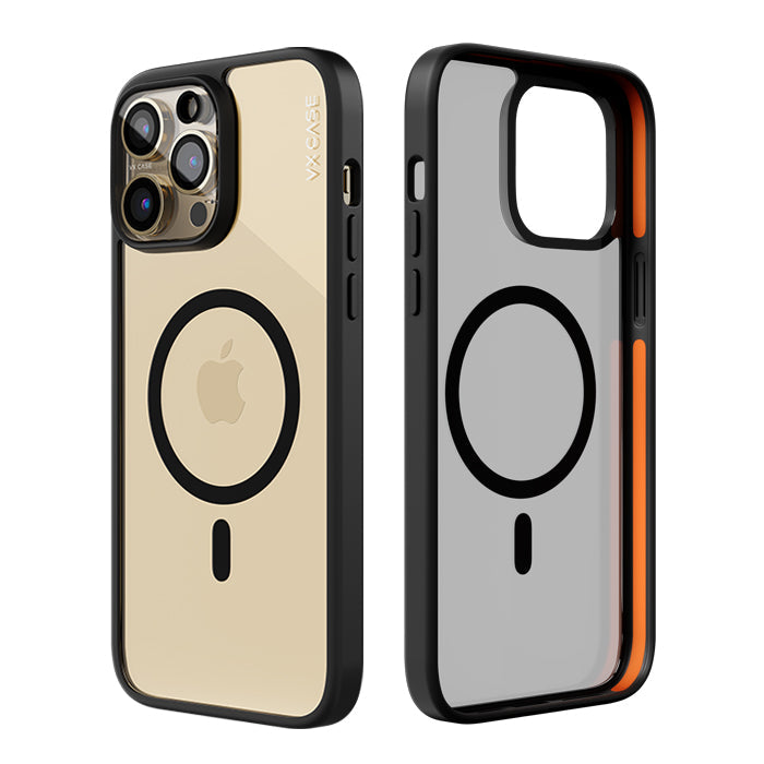 Capinha de Celular Shield Cover II transparente com MagSafe bordas pretas e laranja VX Case para iPhone 15 Pro Max
