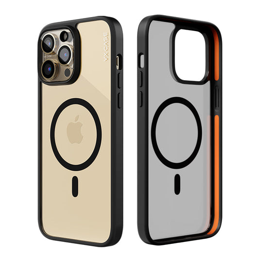 Capinha de Celular Shield Cover II transparente com MagSafe bordas pretas e laranja VX Case para iPhone 15 Pro Max