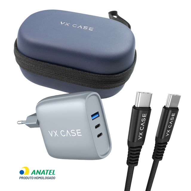Kit Power Up: Carregador Turbo Silver Boost 65W + Cabo + Bag
