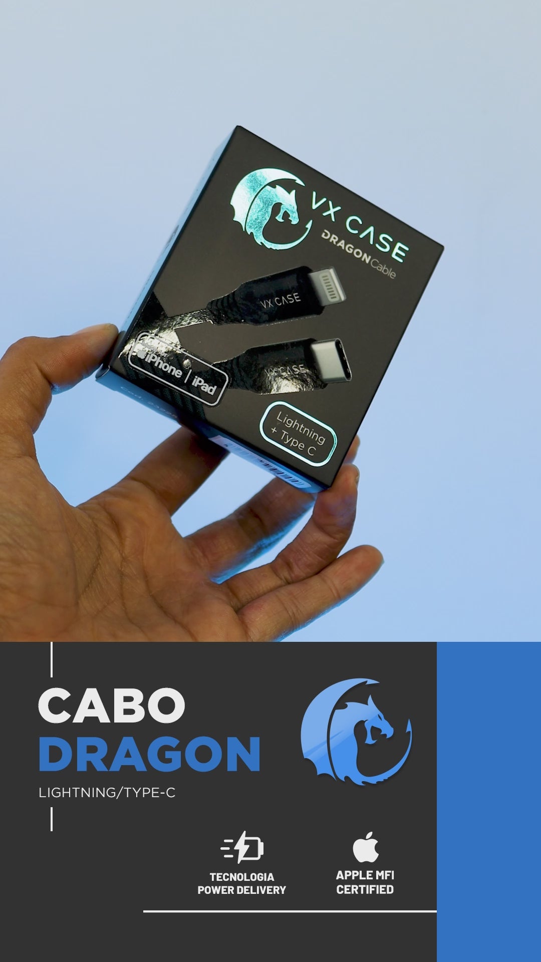 23225 - Cabo para iPhone iPad USB Tipo-C PD Lightning Dragon 1,20m VX Case Preto.mp4