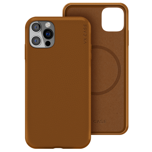 iPhone com capa VX Case de couro compatível com MagSafe, acabamento marrom premium.