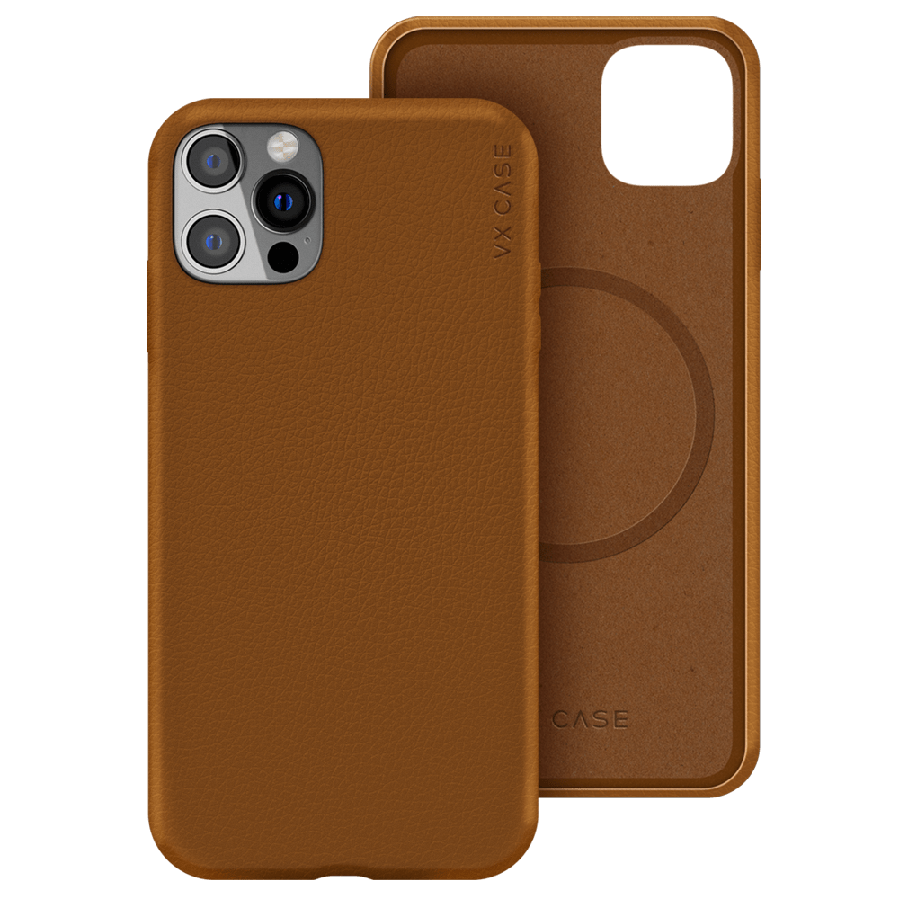 iPhone com capa VX Case de couro compatível com MagSafe, acabamento marrom premium.