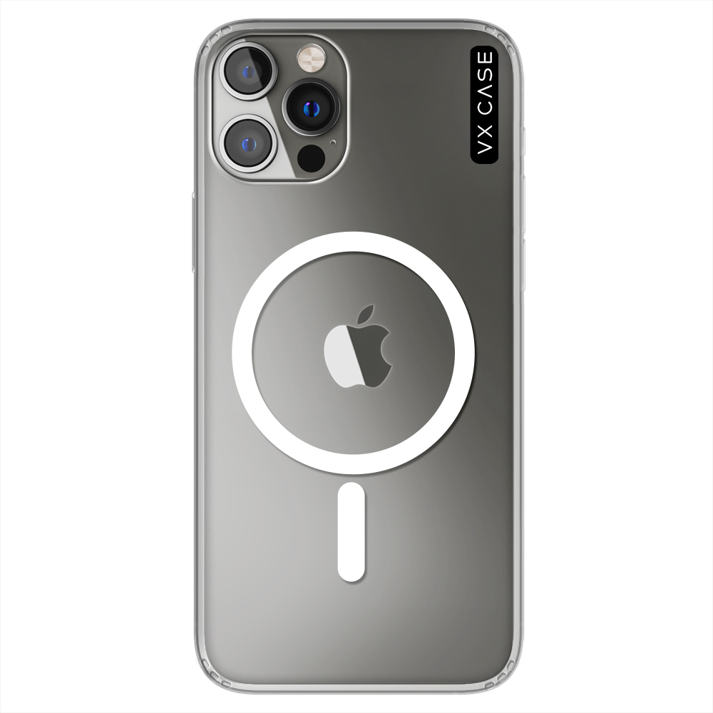 iPhone com capa VX Case de silicone rígido compatível com MagSafe, acabamento transparente.