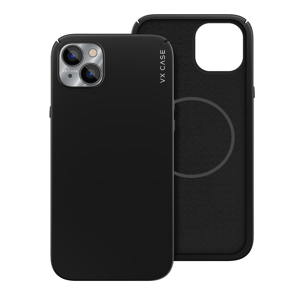 iPhone 14 Plus com capa VX Case emborrachada compatível com MagSafe, acabamento preto fosco.