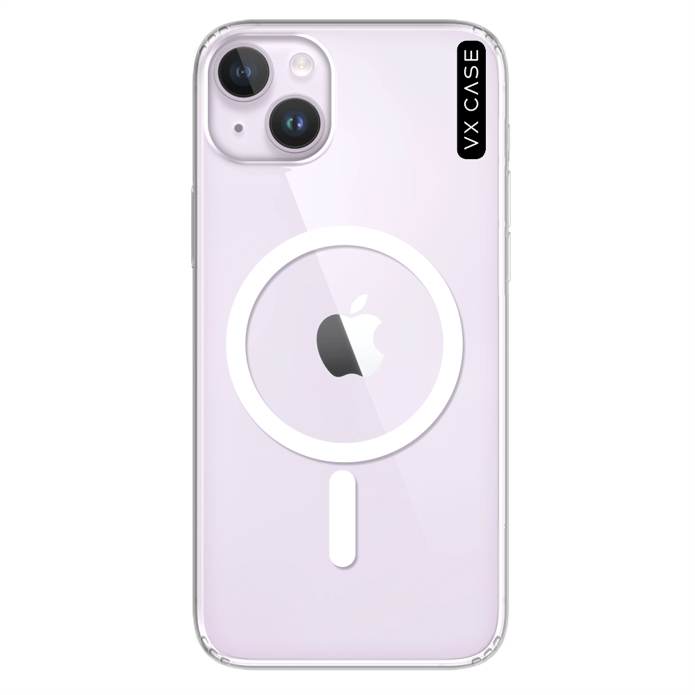 iPhone 14 com capa VX Case de silicone rígido compatível com MagSafe, acabamento transparente.