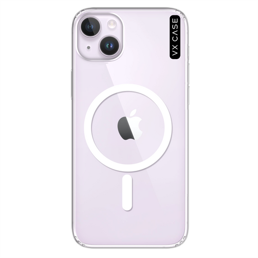 iPhone 14 com capa VX Case de silicone rígido compatível com MagSafe, acabamento transparente.