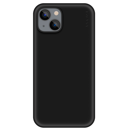 iPhone 14 com capa VX Case smooth, acabamento preto fosco e toque suave.