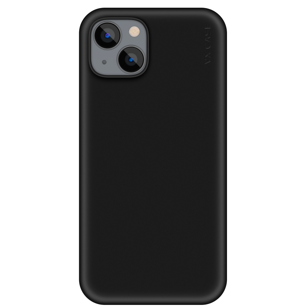 iPhone 14 com capa VX Case smooth, acabamento preto fosco e toque suave.