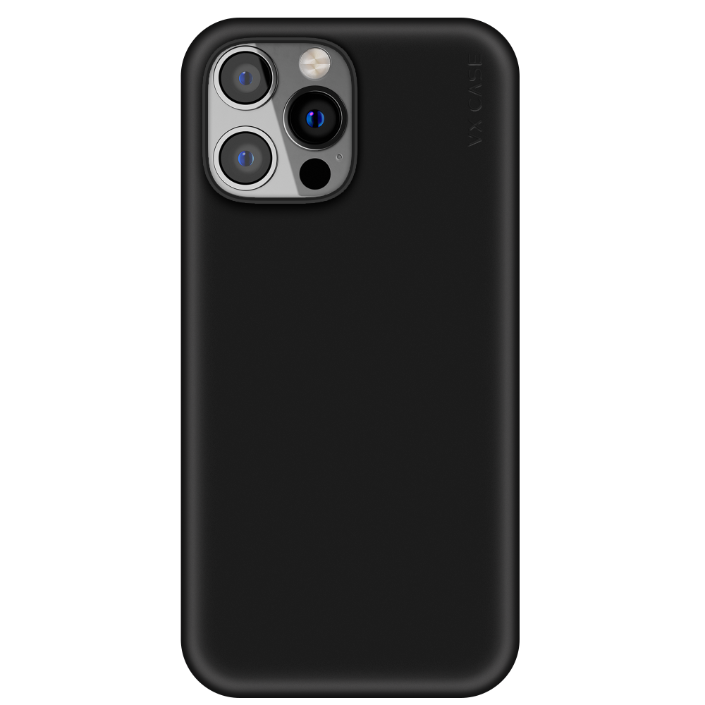 iPhone 14 Pro com capa VX Case smooth, acabamento preto fosco e proteção traseira.