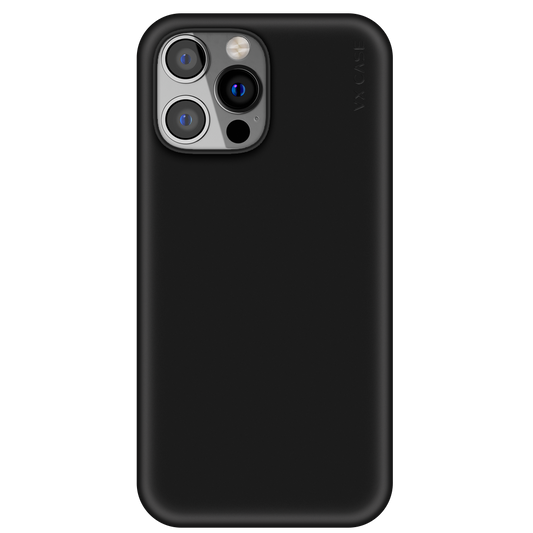 iPhone 14 Pro com capa VX Case smooth, acabamento preto fosco e proteção traseira.
