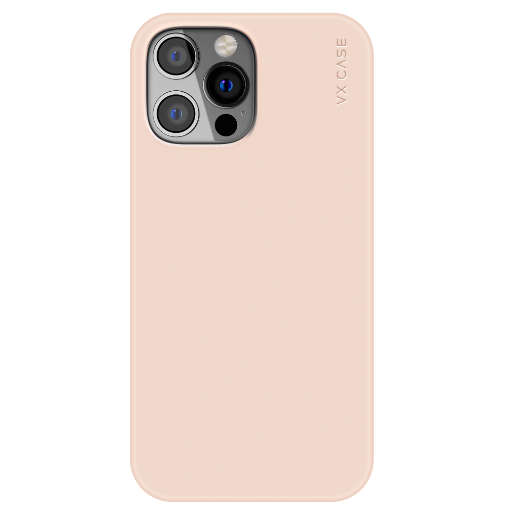 iPhone 14 Pro com capa VX Case smooth, acabamento cor iogurte e toque suave.