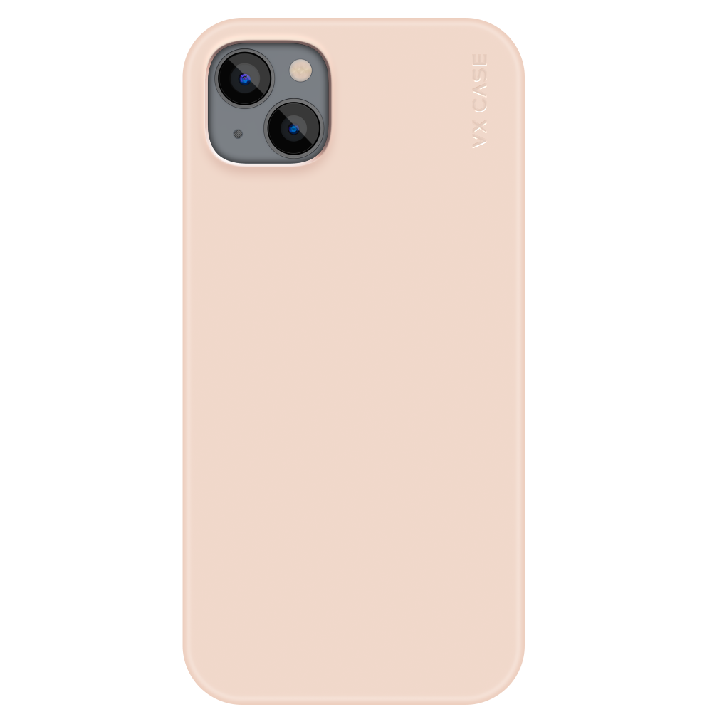 iPhone 14 Plus com capa VX Case smooth, acabamento cor iogurte e proteção traseira.